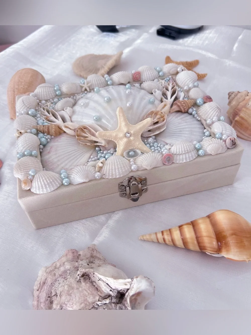 Handcrafted Seashell Jewelry Box in White and Pearl Blue